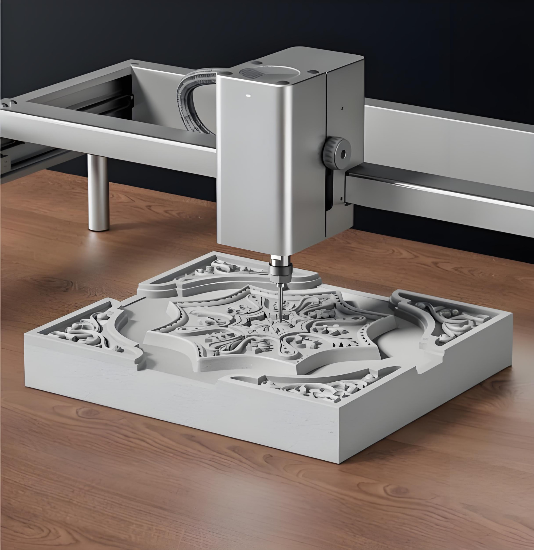 Precision engraving machine cutting a detailed oriental pattern into a panel