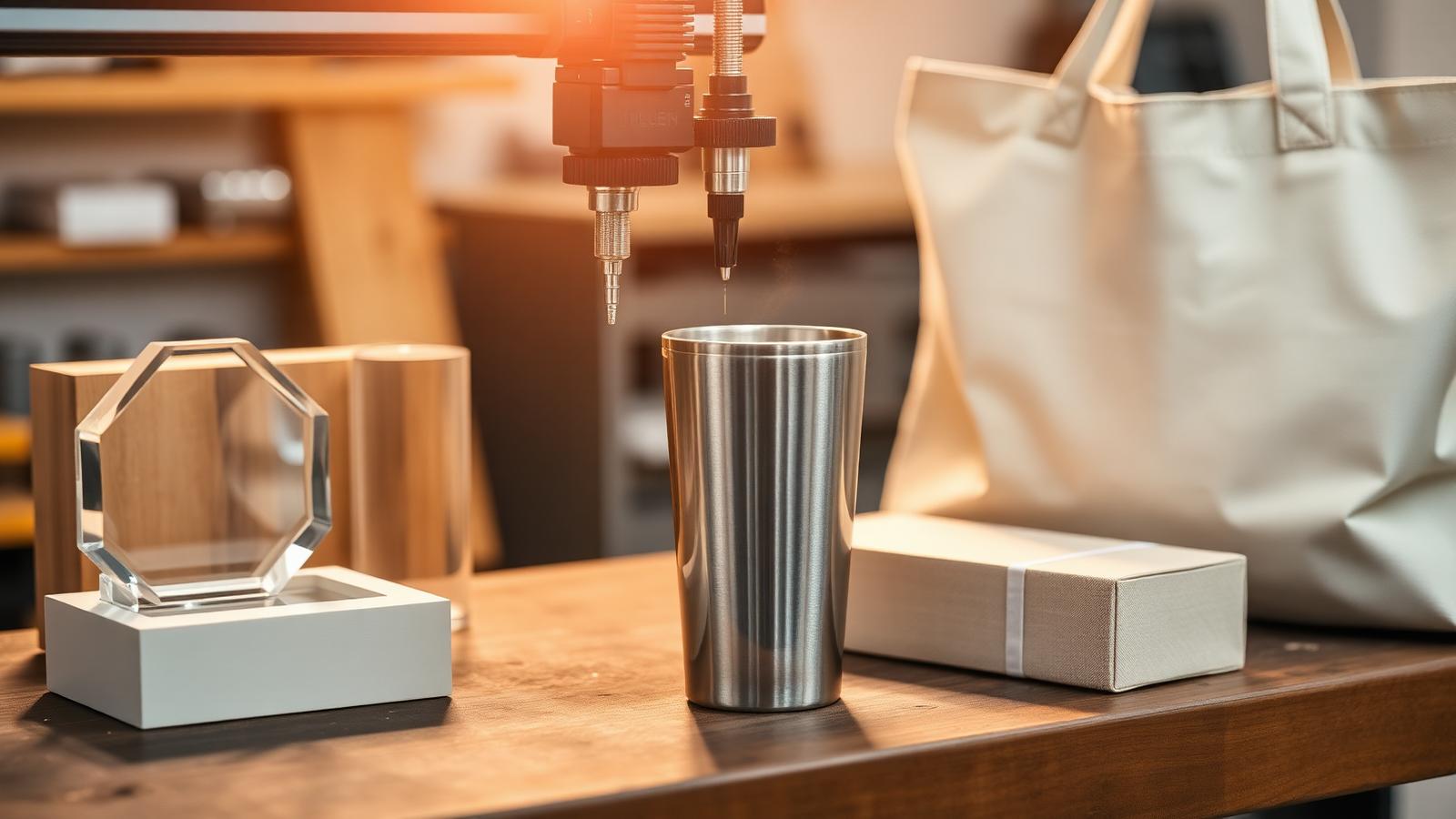 Logo laser engraving on a stainless steel tumbler alongside custom corporate gifts in a warm workshop