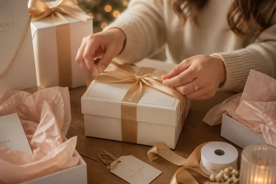 Team packing branded gift boxes with champagne gold ribbon into export cartons