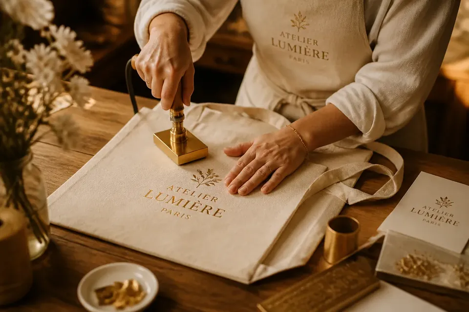 Screen and UV printing station printing brand logos onto canvas tote bags