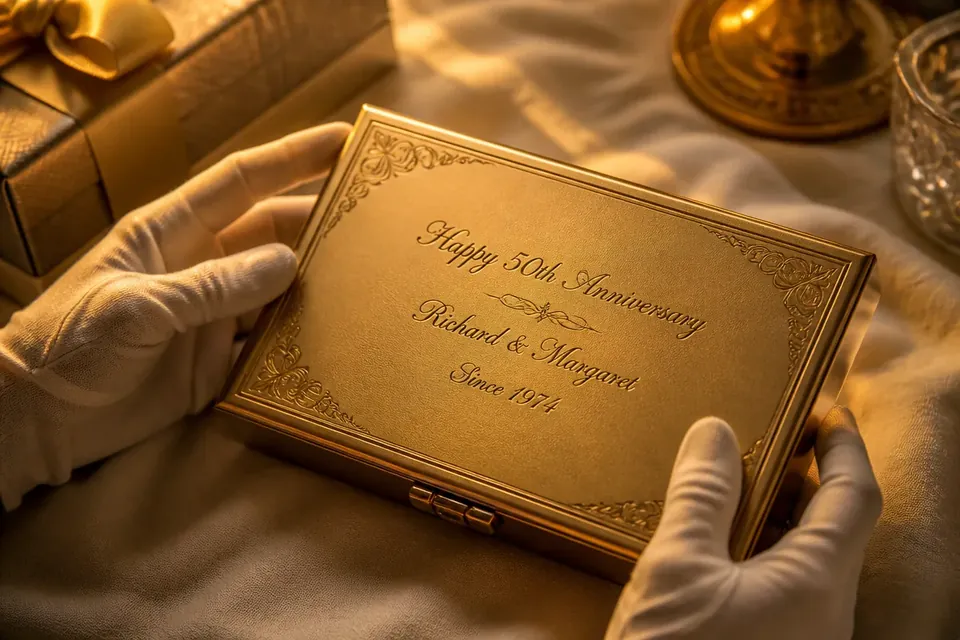 Quality inspector with white gloves checking engraved corporate gifts