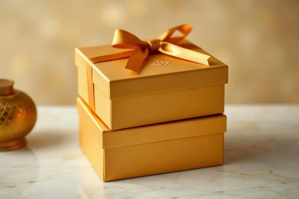 Champagne gold luxury corporate gift boxes with satin ribbon