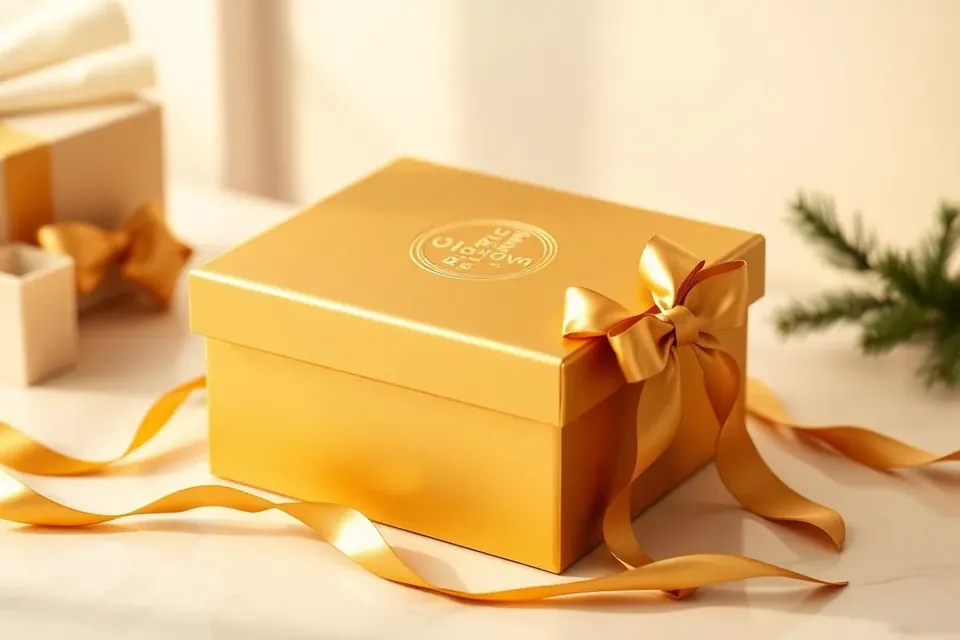 Client design rendering of a luxury gold gift box with embossed logo