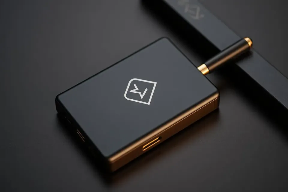 Client design rendering of an engraved metal power bank and pen set