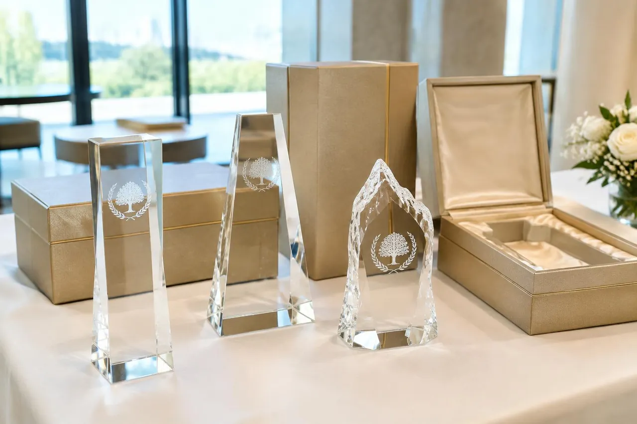 Illustrative crystal award display with individual presentation boxes