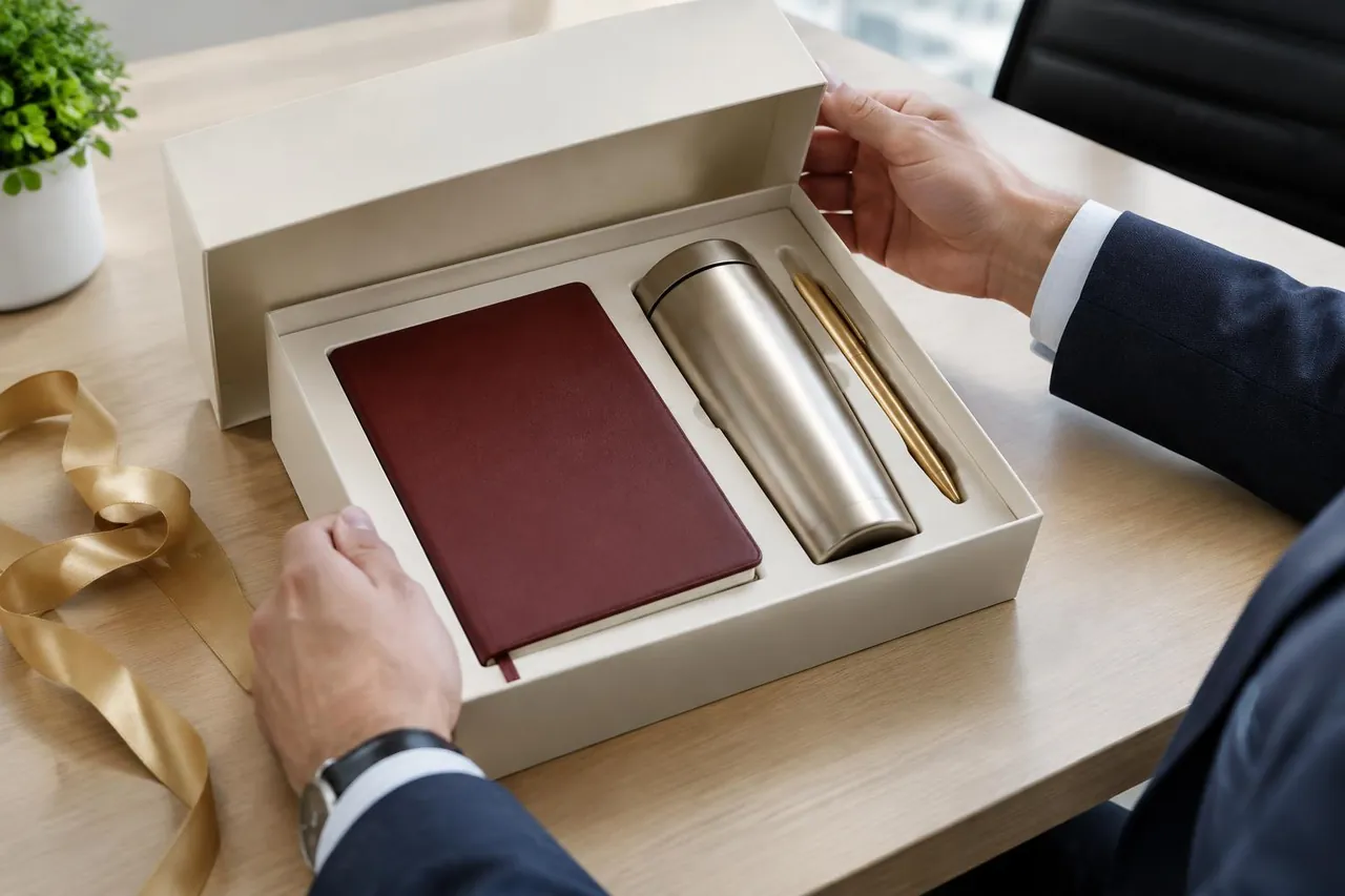 Illustrative business gift unboxing with a notebook, tumbler and pen