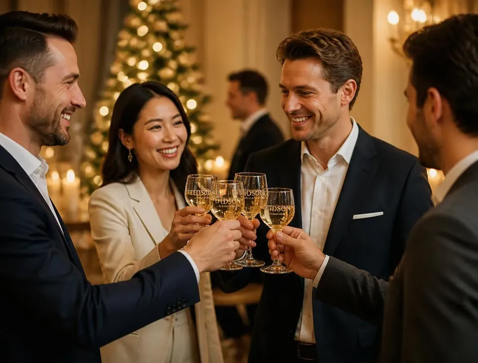 Colleagues toasting with branded engraved drinkware at a warm corporate holiday party