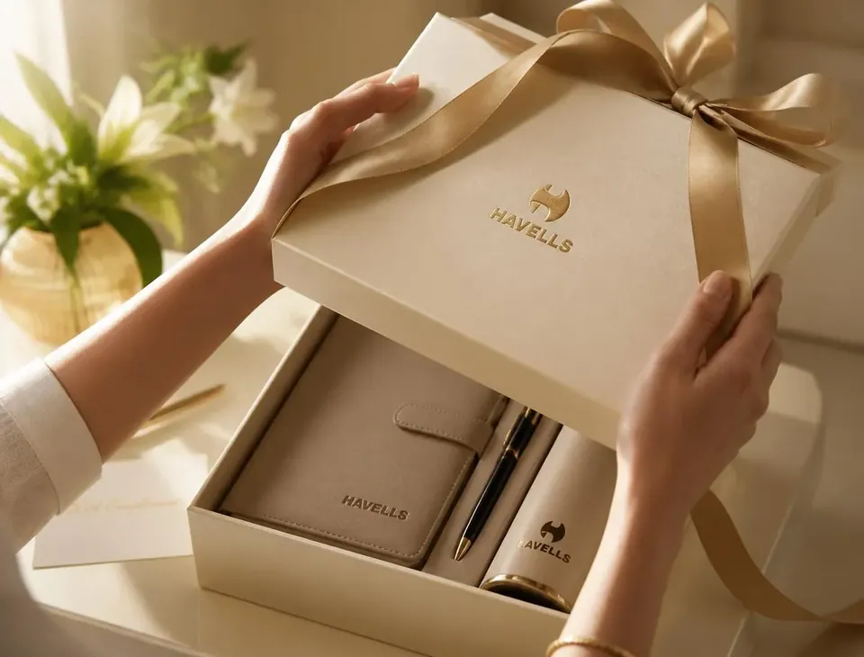 Client unboxing a cream gift box with champagne gold ribbon and branded corporate gifts