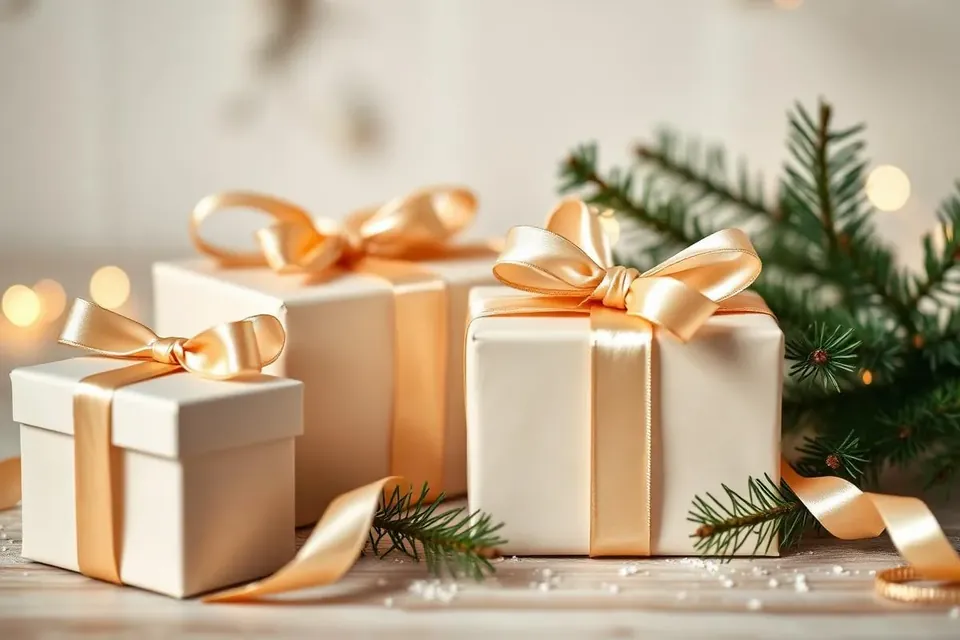 Christmas branded gift boxes with champagne gold ribbon and festive bokeh lights