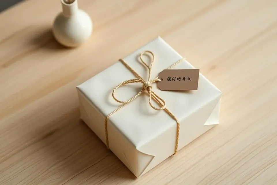 Minimal Japanese Ochugen style wrapped corporate gift with restrained premium packaging