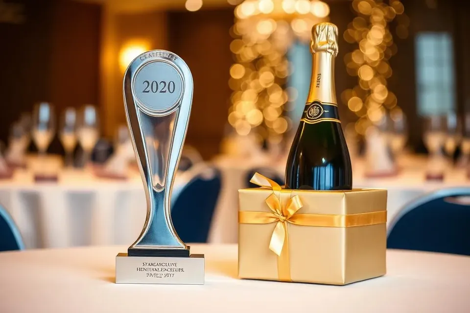 Year-end corporate award gift set with engraved keepsakes on a warm ivory table